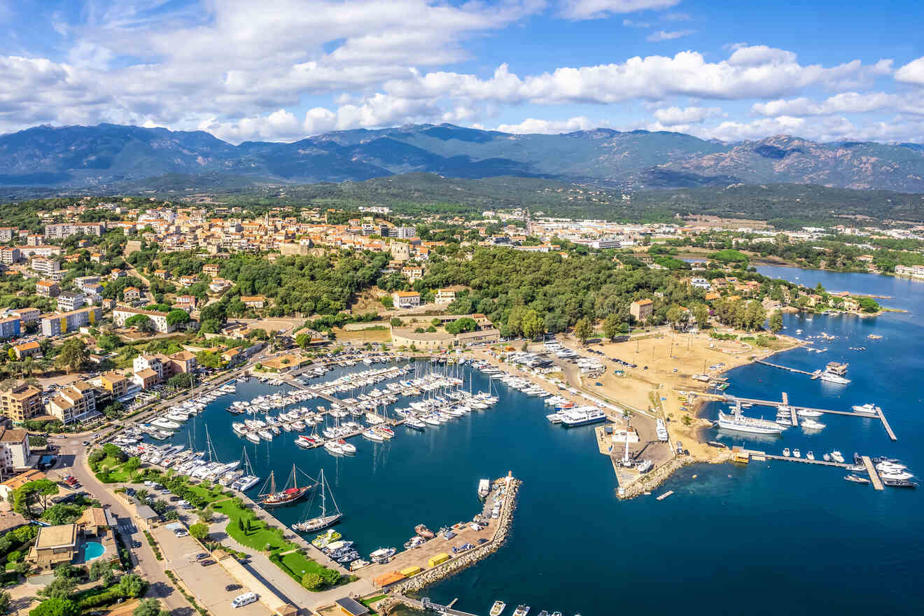 aerial view of a city by the water with a harbor